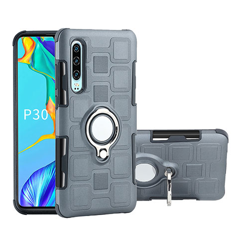 Silikon Hülle Handyhülle und Kunststoff Schutzhülle Tasche mit Fingerring Ständer S01 für Huawei P30 Grau