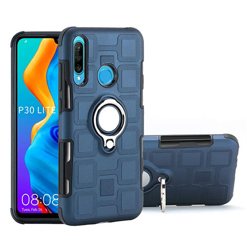 Silikon Hülle Handyhülle und Kunststoff Schutzhülle Tasche mit Magnetisch Fingerring Ständer A01 für Huawei P30 Lite Blau