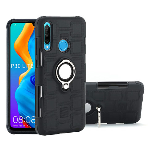 Silikon Hülle Handyhülle und Kunststoff Schutzhülle Tasche mit Magnetisch Fingerring Ständer A01 für Huawei P30 Lite Schwarz