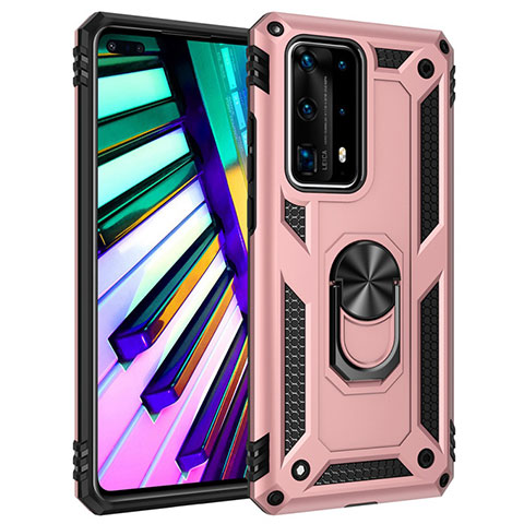 Silikon Hülle Handyhülle und Kunststoff Schutzhülle Tasche mit Magnetisch Fingerring Ständer C01 für Huawei P40 Pro+ Plus Rosegold