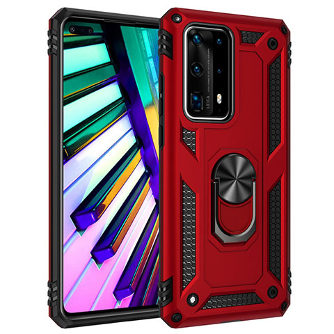 Silikon Hülle Handyhülle und Kunststoff Schutzhülle Tasche mit Magnetisch Fingerring Ständer C01 für Huawei P40 Pro+ Plus Rot