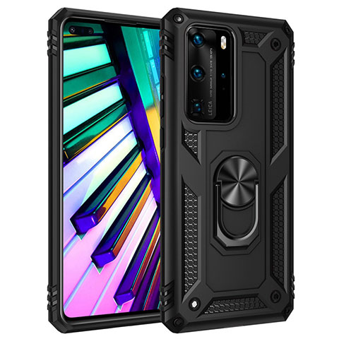 Silikon Hülle Handyhülle und Kunststoff Schutzhülle Tasche mit Magnetisch Fingerring Ständer C01 für Huawei P40 Pro Schwarz