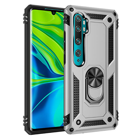 Silikon Hülle Handyhülle und Kunststoff Schutzhülle Tasche mit Magnetisch Fingerring Ständer D01 für Xiaomi Mi Note 10 Silber