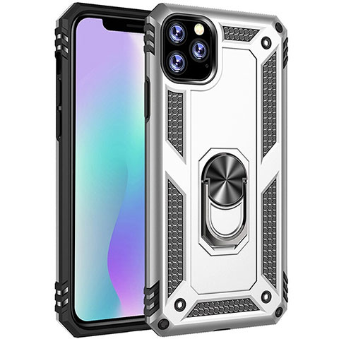 Silikon Hülle Handyhülle und Kunststoff Schutzhülle Tasche mit Magnetisch Fingerring Ständer für Apple iPhone 11 Pro Silber