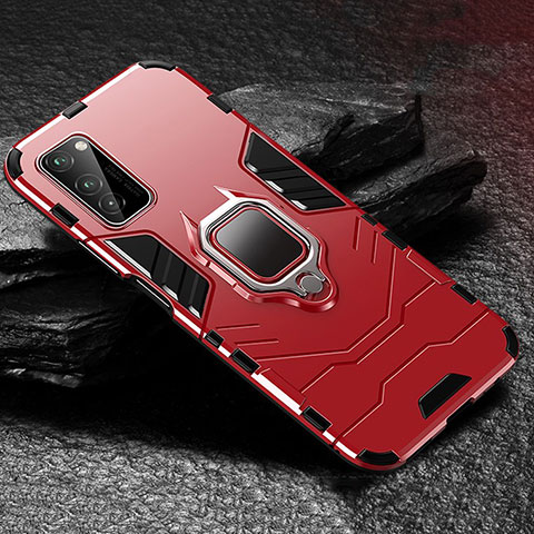 Silikon Hülle Handyhülle und Kunststoff Schutzhülle Tasche mit Magnetisch Fingerring Ständer für Huawei Honor V30 Pro 5G Rot
