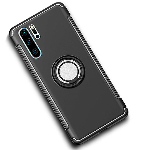 Silikon Hülle Handyhülle und Kunststoff Schutzhülle Tasche mit Magnetisch Fingerring Ständer für Huawei P30 Pro New Edition Schwarz