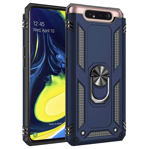 Silikon Hülle Handyhülle und Kunststoff Schutzhülle Tasche mit Magnetisch Fingerring Ständer für Samsung Galaxy A80 Blau