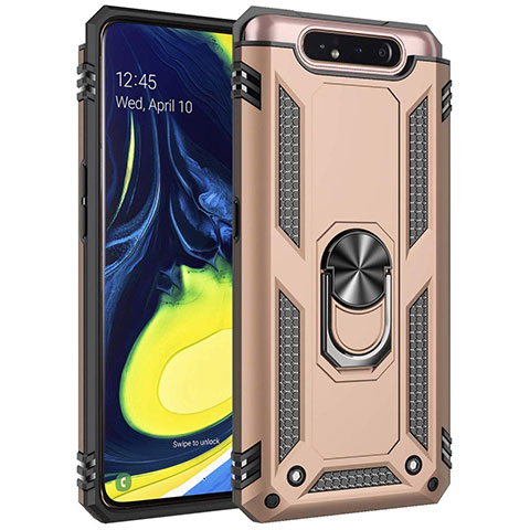 Silikon Hülle Handyhülle und Kunststoff Schutzhülle Tasche mit Magnetisch Fingerring Ständer für Samsung Galaxy A80 Gold