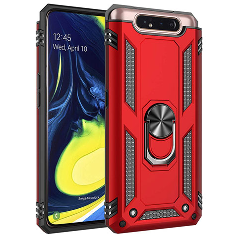 Silikon Hülle Handyhülle und Kunststoff Schutzhülle Tasche mit Magnetisch Fingerring Ständer für Samsung Galaxy A80 Rot