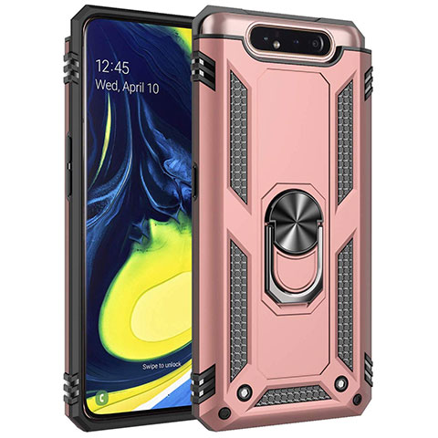 Silikon Hülle Handyhülle und Kunststoff Schutzhülle Tasche mit Magnetisch Fingerring Ständer für Samsung Galaxy A90 4G Rosegold