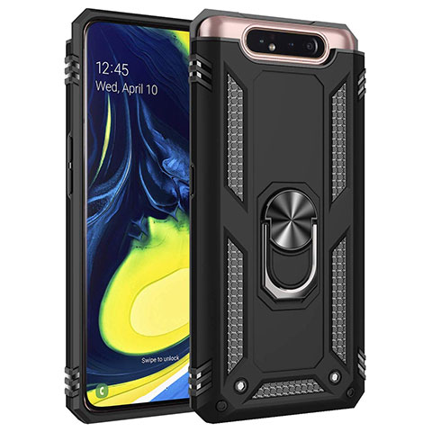 Silikon Hülle Handyhülle und Kunststoff Schutzhülle Tasche mit Magnetisch Fingerring Ständer für Samsung Galaxy A90 4G Schwarz