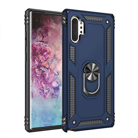 Silikon Hülle Handyhülle und Kunststoff Schutzhülle Tasche mit Magnetisch Fingerring Ständer für Samsung Galaxy Note 10 Plus 5G Blau