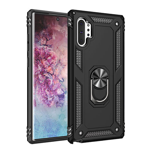 Silikon Hülle Handyhülle und Kunststoff Schutzhülle Tasche mit Magnetisch Fingerring Ständer für Samsung Galaxy Note 10 Plus Schwarz