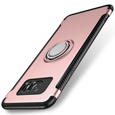 Silikon Hülle Handyhülle und Kunststoff Schutzhülle Tasche mit Magnetisch Fingerring Ständer für Samsung Galaxy S7 Edge G935F Rosegold