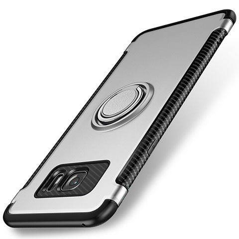 Silikon Hülle Handyhülle und Kunststoff Schutzhülle Tasche mit Magnetisch Fingerring Ständer für Samsung Galaxy S7 Edge G935F Silber