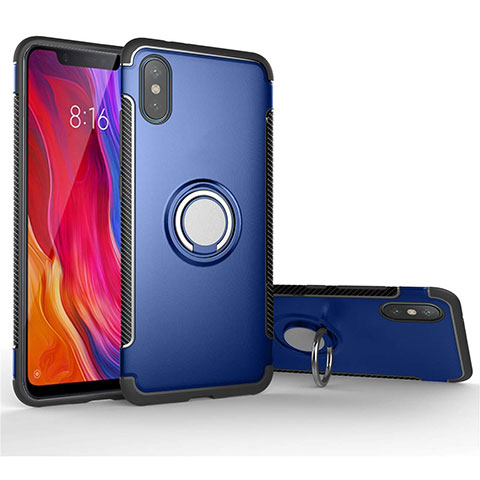 Silikon Hülle Handyhülle und Kunststoff Schutzhülle Tasche mit Magnetisch Fingerring Ständer für Xiaomi Mi 8 Pro Global Version Blau