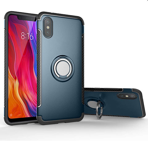 Silikon Hülle Handyhülle und Kunststoff Schutzhülle Tasche mit Magnetisch Fingerring Ständer für Xiaomi Mi 8 Pro Global Version Cyan