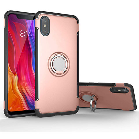 Silikon Hülle Handyhülle und Kunststoff Schutzhülle Tasche mit Magnetisch Fingerring Ständer für Xiaomi Mi 8 Pro Global Version Rosegold