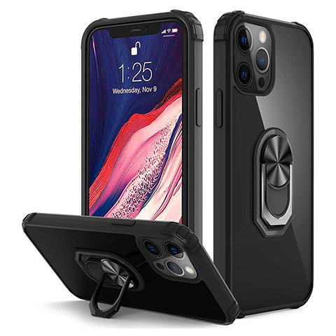 Silikon Hülle Handyhülle und Kunststoff Schutzhülle Tasche mit Magnetisch Fingerring Ständer R01 für Apple iPhone 12 Pro Max Schwarz