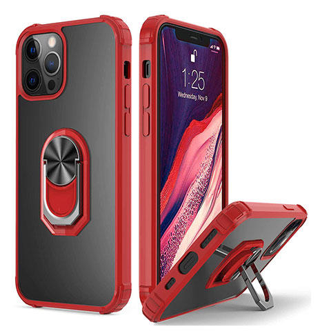 Silikon Hülle Handyhülle und Kunststoff Schutzhülle Tasche mit Magnetisch Fingerring Ständer R01 für Apple iPhone 12 Pro Rot