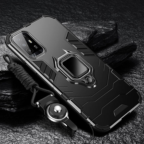 Silikon Hülle Handyhülle und Kunststoff Schutzhülle Tasche mit Magnetisch Fingerring Ständer R01 für Oppo A95 5G Schwarz