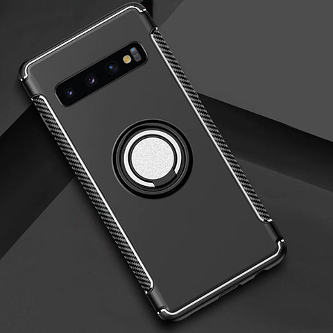 Silikon Hülle Handyhülle und Kunststoff Schutzhülle Tasche mit Magnetisch Fingerring Ständer R01 für Samsung Galaxy S10 Plus Schwarz