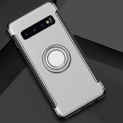 Silikon Hülle Handyhülle und Kunststoff Schutzhülle Tasche mit Magnetisch Fingerring Ständer R01 für Samsung Galaxy S10 Plus Silber