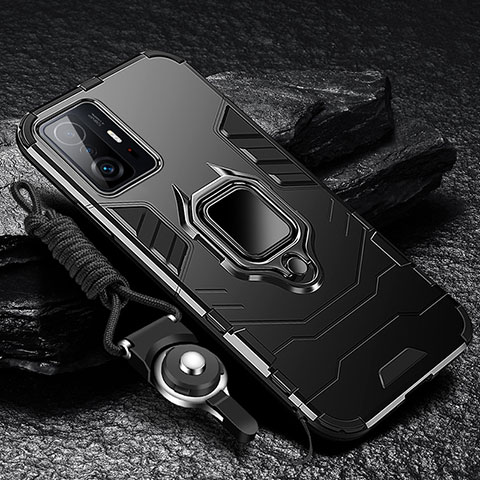 Silikon Hülle Handyhülle und Kunststoff Schutzhülle Tasche mit Magnetisch Fingerring Ständer R01 für Xiaomi Mi 11T 5G Schwarz