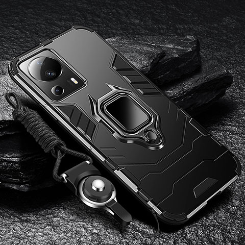 Silikon Hülle Handyhülle und Kunststoff Schutzhülle Tasche mit Magnetisch Fingerring Ständer R01 für Xiaomi Mi 12 Lite NE 5G Schwarz