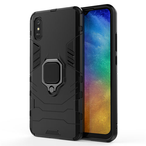 Silikon Hülle Handyhülle und Kunststoff Schutzhülle Tasche mit Magnetisch Fingerring Ständer R01 für Xiaomi Redmi 9AT Schwarz