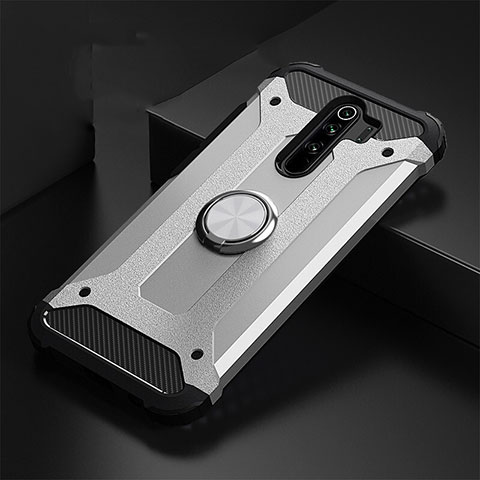 Silikon Hülle Handyhülle und Kunststoff Schutzhülle Tasche mit Magnetisch Fingerring Ständer R01 für Xiaomi Redmi Note 8 Pro Silber