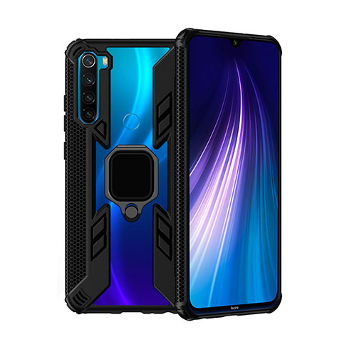 Silikon Hülle Handyhülle und Kunststoff Schutzhülle Tasche mit Magnetisch Fingerring Ständer R01 für Xiaomi Redmi Note 8T Schwarz