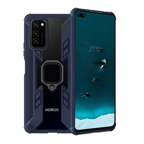 Silikon Hülle Handyhülle und Kunststoff Schutzhülle Tasche mit Magnetisch Fingerring Ständer R02 für Huawei Honor V30 Pro 5G Blau