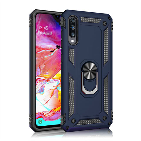 Silikon Hülle Handyhülle und Kunststoff Schutzhülle Tasche mit Magnetisch Fingerring Ständer R02 für Samsung Galaxy A70S Blau