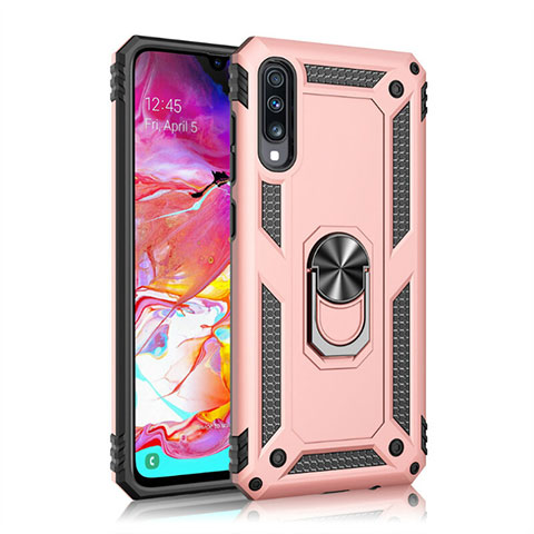 Silikon Hülle Handyhülle und Kunststoff Schutzhülle Tasche mit Magnetisch Fingerring Ständer R02 für Samsung Galaxy A70S Rosegold