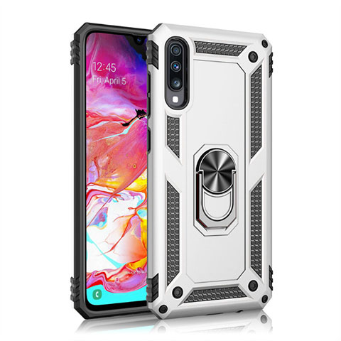 Silikon Hülle Handyhülle und Kunststoff Schutzhülle Tasche mit Magnetisch Fingerring Ständer R02 für Samsung Galaxy A70S Silber