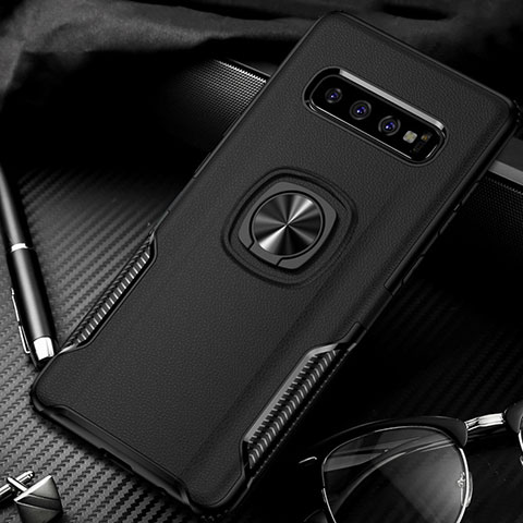 Silikon Hülle Handyhülle und Kunststoff Schutzhülle Tasche mit Magnetisch Fingerring Ständer R02 für Samsung Galaxy S10 Schwarz