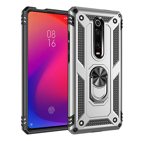 Silikon Hülle Handyhülle und Kunststoff Schutzhülle Tasche mit Magnetisch Fingerring Ständer R02 für Xiaomi Mi 9T Pro Silber