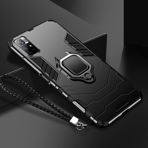 Silikon Hülle Handyhülle und Kunststoff Schutzhülle Tasche mit Magnetisch Fingerring Ständer R02 für Xiaomi Poco M4 Pro 5G Schwarz