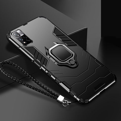 Silikon Hülle Handyhülle und Kunststoff Schutzhülle Tasche mit Magnetisch Fingerring Ständer R02 für Xiaomi Redmi Note 11 Pro+ Plus 5G Schwarz