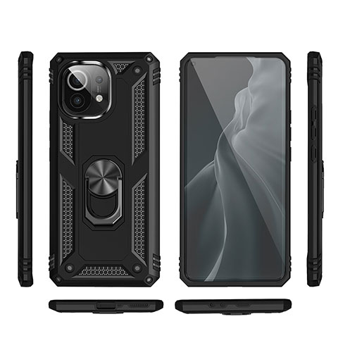 Silikon Hülle Handyhülle und Kunststoff Schutzhülle Tasche mit Magnetisch Fingerring Ständer R03 für Xiaomi Mi 11 Lite 4G Schwarz