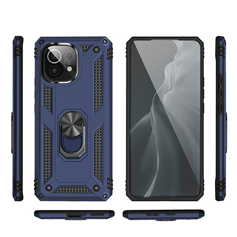 Silikon Hülle Handyhülle und Kunststoff Schutzhülle Tasche mit Magnetisch Fingerring Ständer R03 für Xiaomi Mi 11 Lite 5G NE Blau