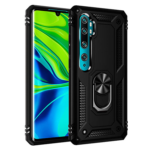 Silikon Hülle Handyhülle und Kunststoff Schutzhülle Tasche mit Magnetisch Fingerring Ständer R03 für Xiaomi Mi Note 10 Pro Schwarz