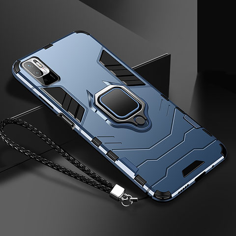 Silikon Hülle Handyhülle und Kunststoff Schutzhülle Tasche mit Magnetisch Fingerring Ständer R03 für Xiaomi Redmi Note 10 5G Blau