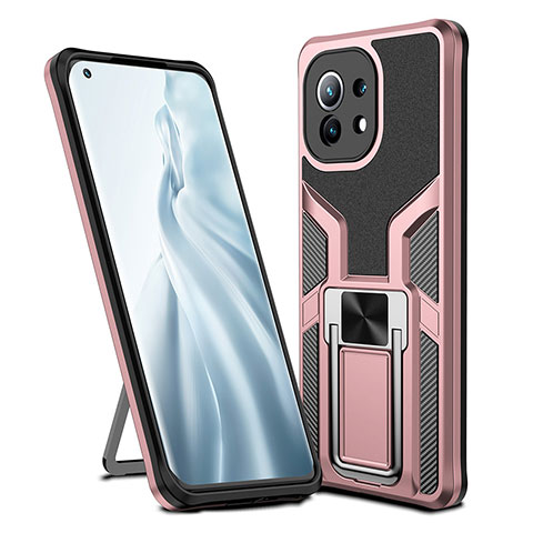 Silikon Hülle Handyhülle und Kunststoff Schutzhülle Tasche mit Magnetisch Fingerring Ständer R04 für Xiaomi Mi 11 Lite 4G Rosegold