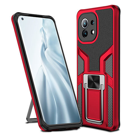 Silikon Hülle Handyhülle und Kunststoff Schutzhülle Tasche mit Magnetisch Fingerring Ständer R04 für Xiaomi Mi 11 Lite 4G Rot