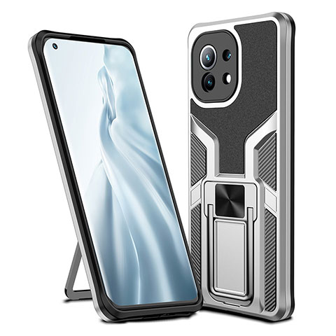 Silikon Hülle Handyhülle und Kunststoff Schutzhülle Tasche mit Magnetisch Fingerring Ständer R04 für Xiaomi Mi 11 Lite 4G Silber