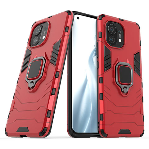 Silikon Hülle Handyhülle und Kunststoff Schutzhülle Tasche mit Magnetisch Fingerring Ständer R05 für Xiaomi Mi 11 Lite 5G Rot