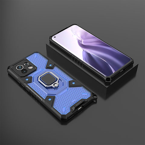 Silikon Hülle Handyhülle und Kunststoff Schutzhülle Tasche mit Magnetisch Fingerring Ständer R11 für Xiaomi Mi 11 Lite 5G NE Blau