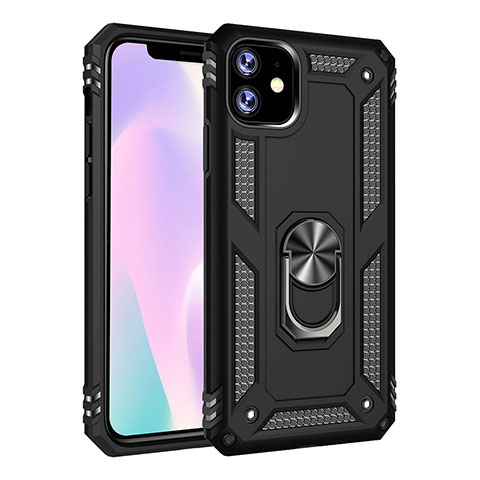 Silikon Hülle Handyhülle und Kunststoff Schutzhülle Tasche mit Magnetisch Fingerring Ständer S01 für Apple iPhone 11 Schwarz